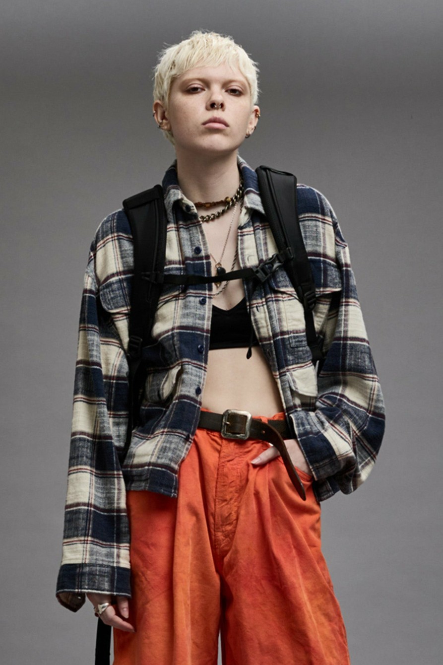 R13 Cropped Multipocket Overshirt - Ecru Plaid Tops