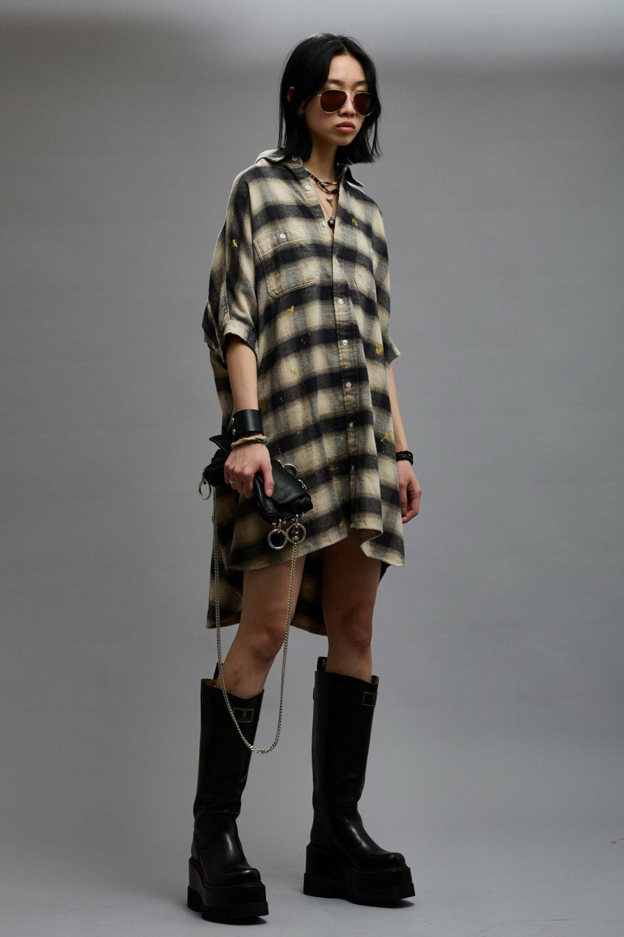 R13 Oversized Relaxed Shirtdress - Splattered Ecru Plaid Dresses & Skirts