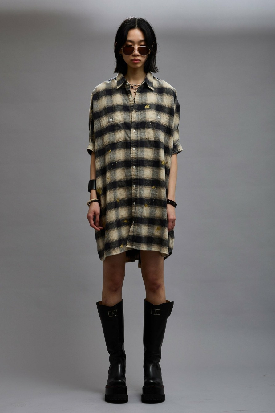 R13 Oversized Relaxed Shirtdress - Splattered Ecru Plaid Dresses & Skirts