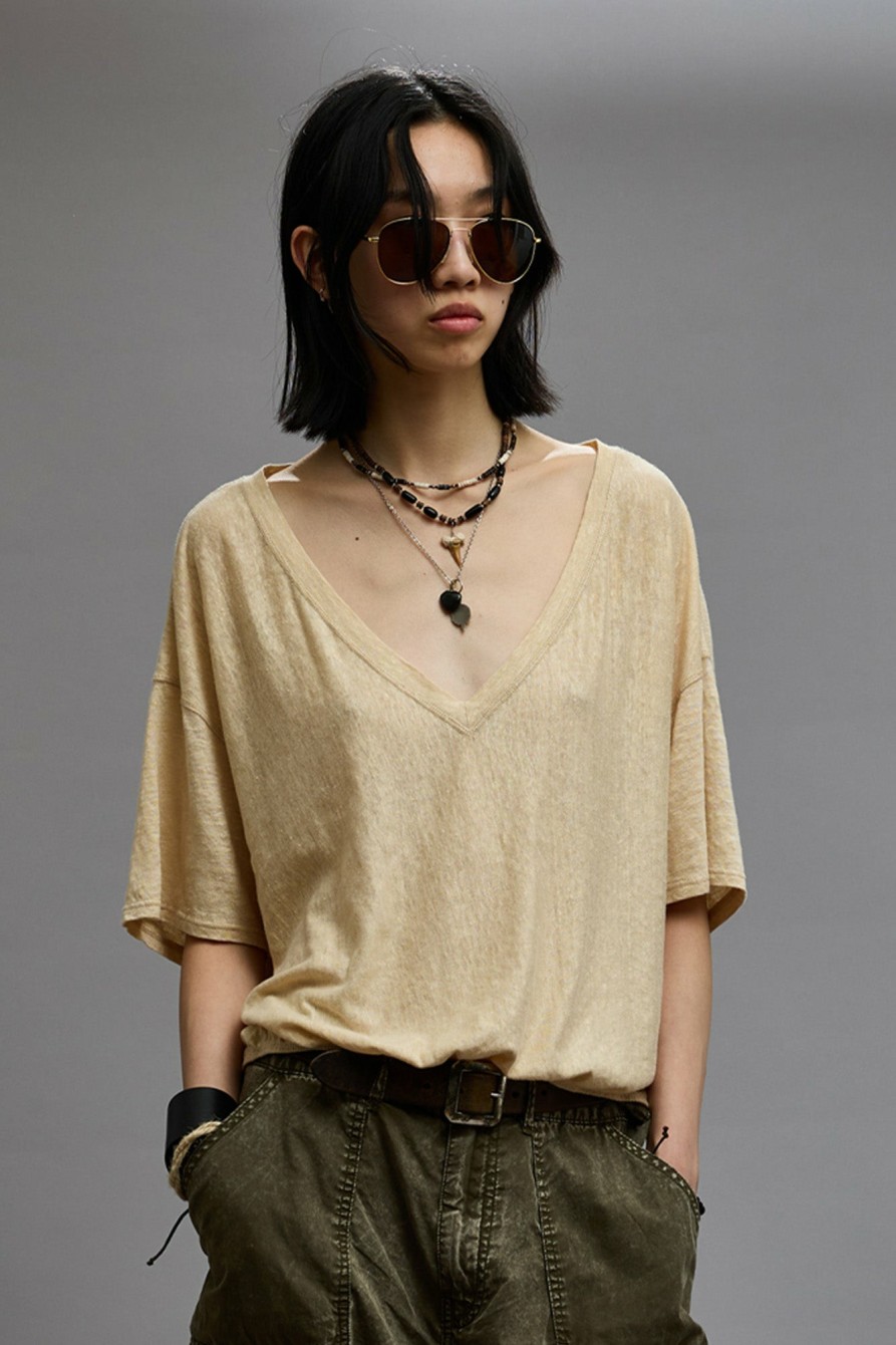 R13 Gathered Hem V-Neck Tee - Khaki T-Shirts