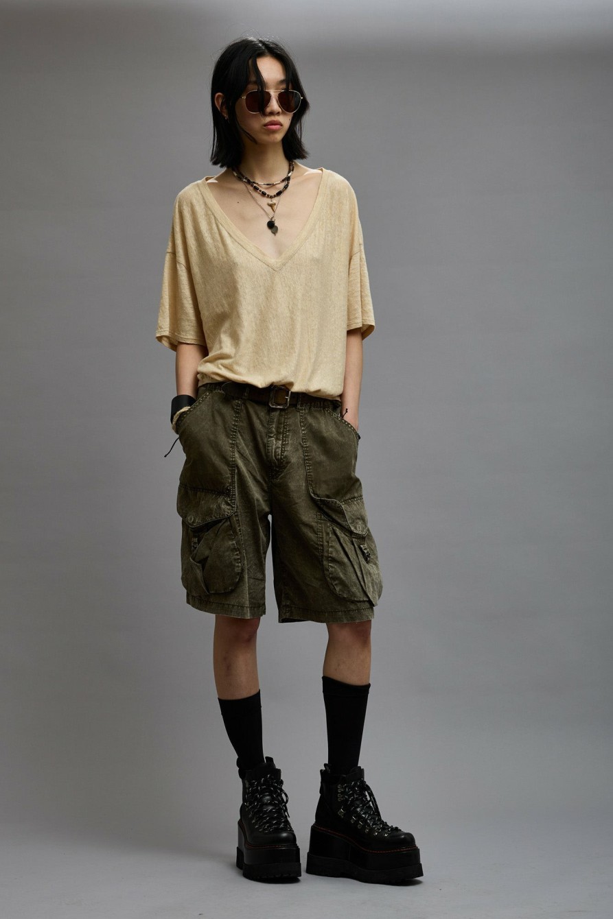 R13 Gathered Hem V-Neck Tee - Khaki T-Shirts