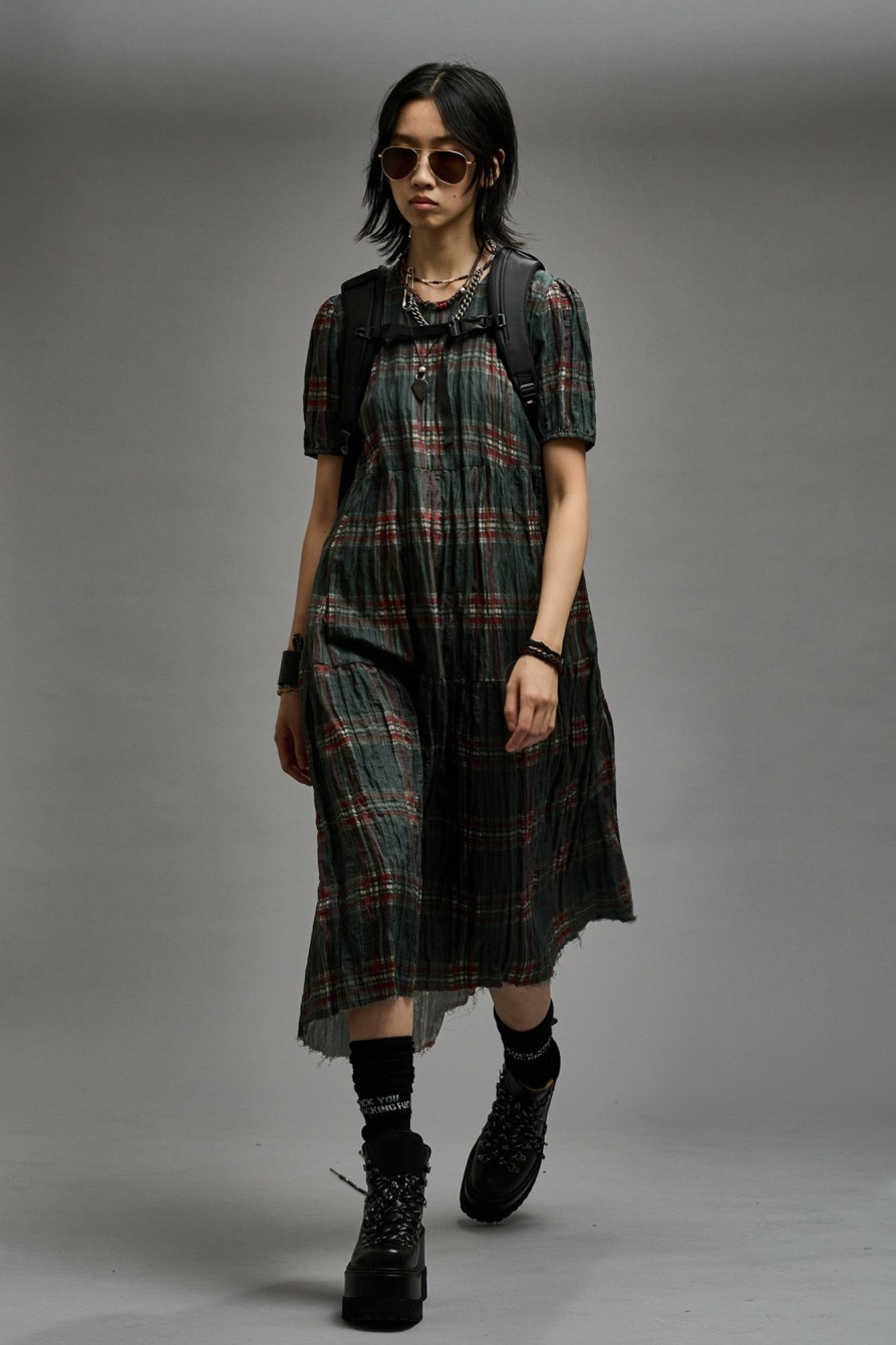 R13 Relaxed Midi - Marsh Green Plaid Dresses & Skirts