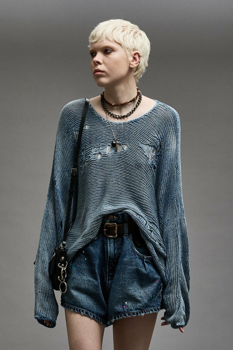 R13 Distressed Boyfriend Crewneck - Light Indigo Sweaters