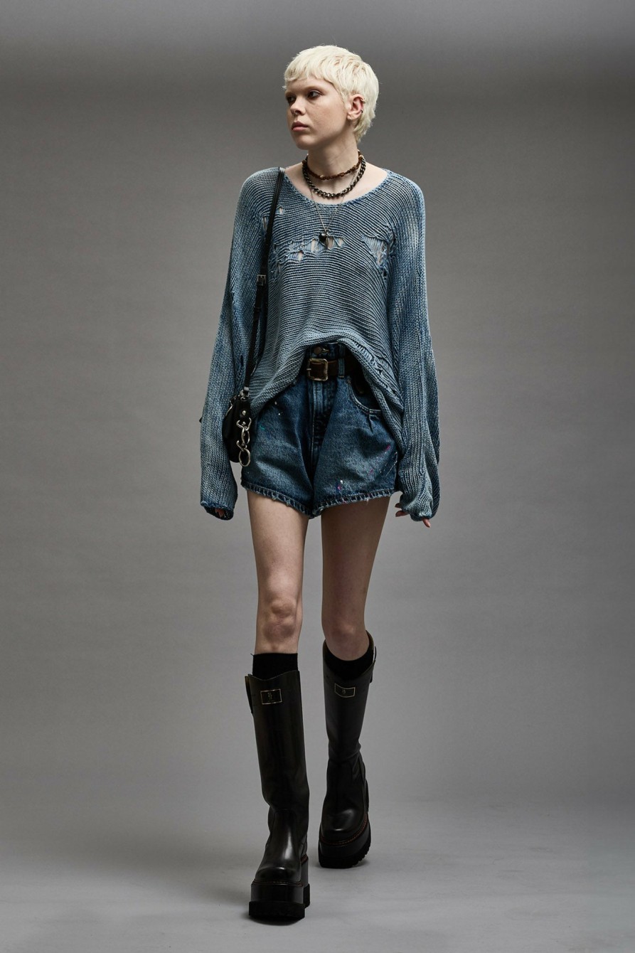 R13 Distressed Boyfriend Crewneck - Light Indigo Sweaters