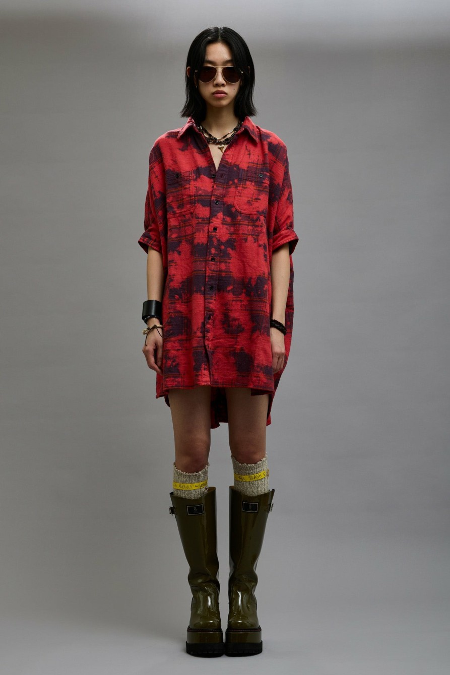 R13 Oversized Relaxed Shirtdress - Dusk Red Plaid Dresses & Skirts