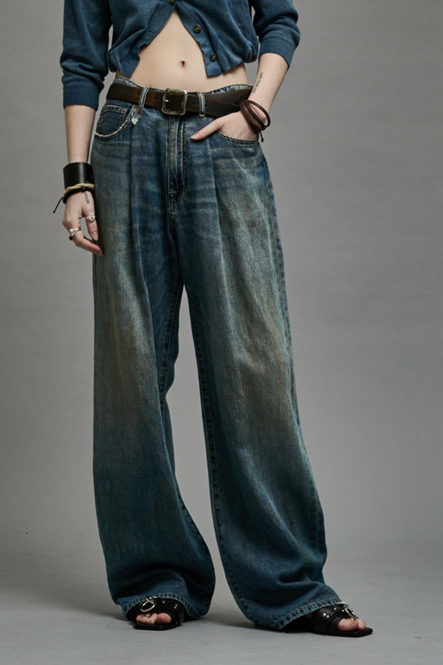 R13 Damon Pleated Wide Leg - Weber Linen Indigo Wide Leg