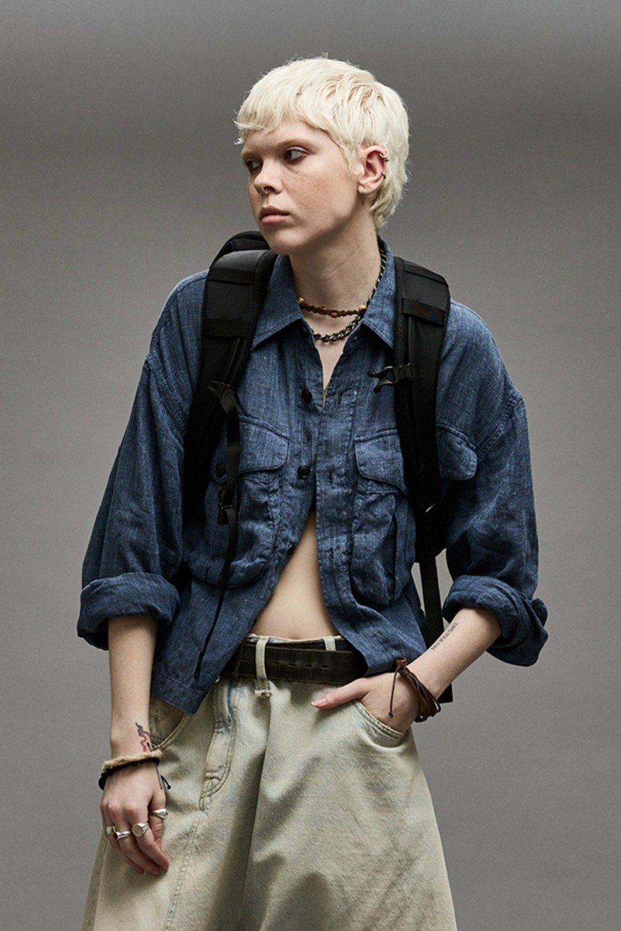 R13 Cropped Bellow Pocket Shirt - Indigo Blue Tops