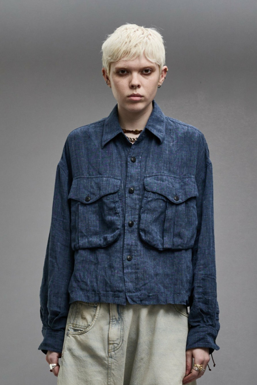 R13 Cropped Bellow Pocket Shirt - Indigo Blue Tops