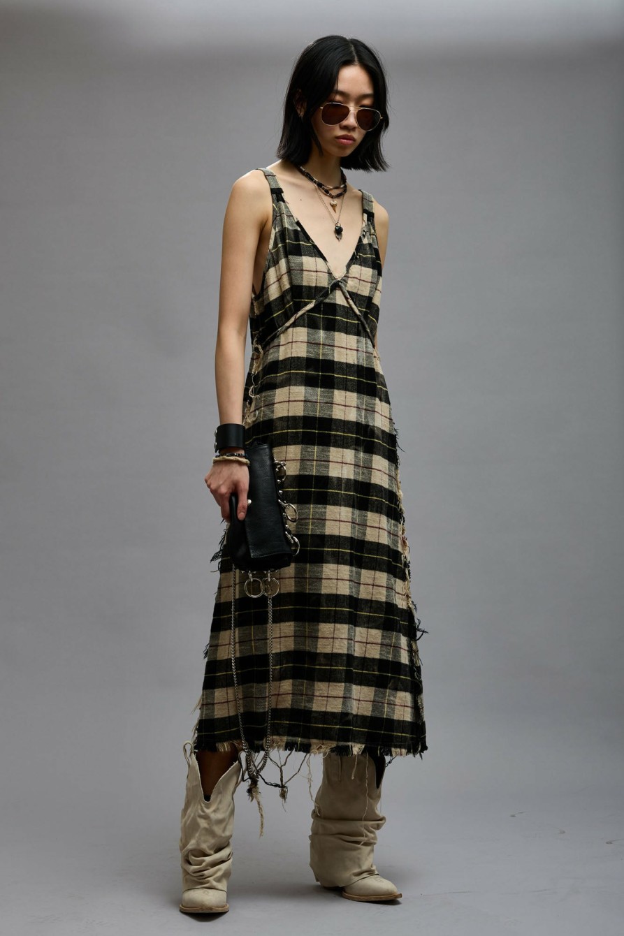 R13 Grunge Slip - Bleached Ecru Plaid Dresses & Skirts