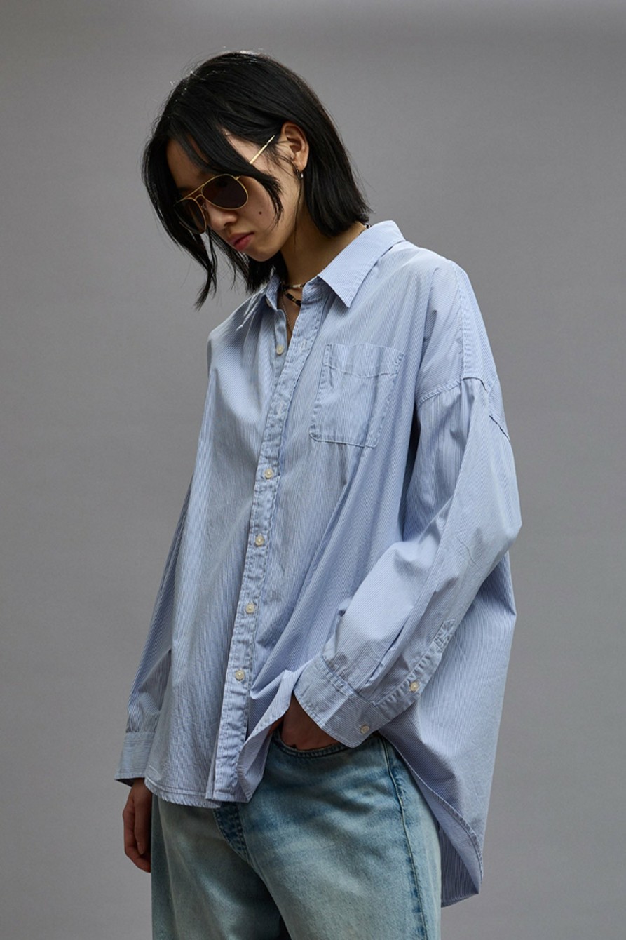 R13 Drop Neck Shirt - Blue And White Stripe Tops