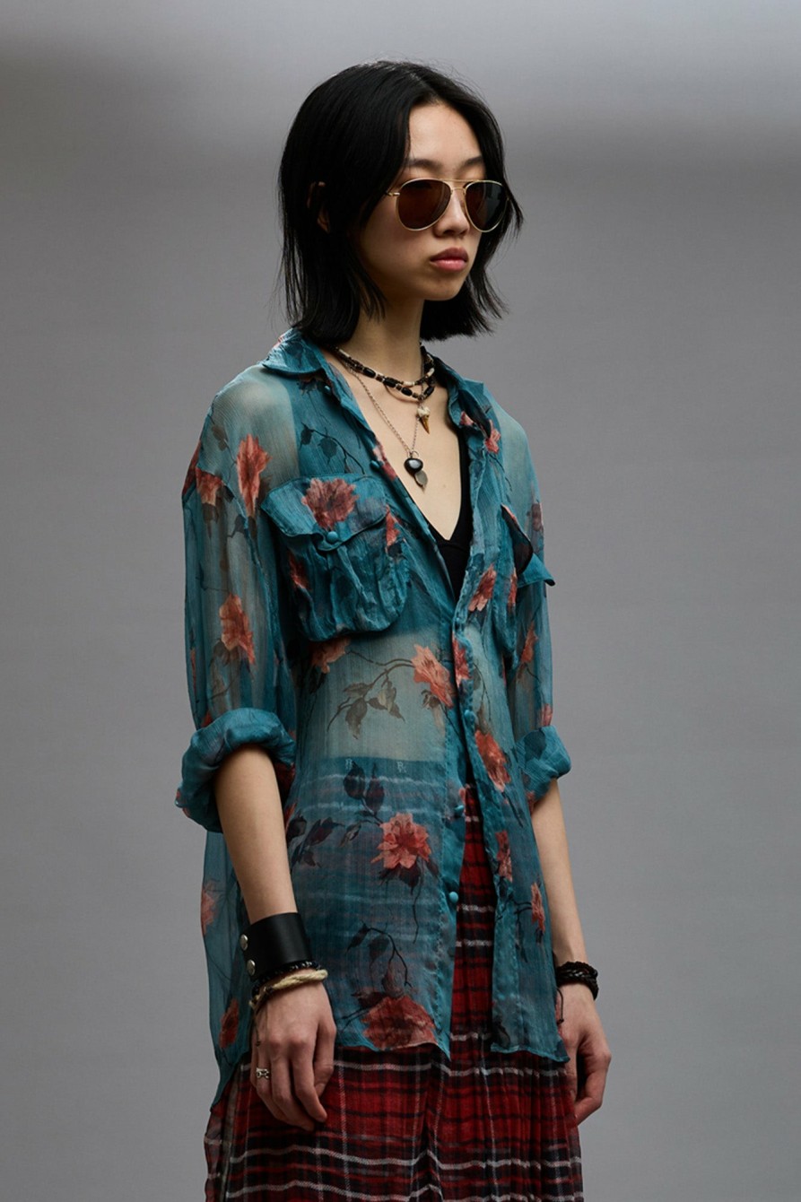 R13 Bellow Pocket Relaxed Shirt - Blue Floral Tops