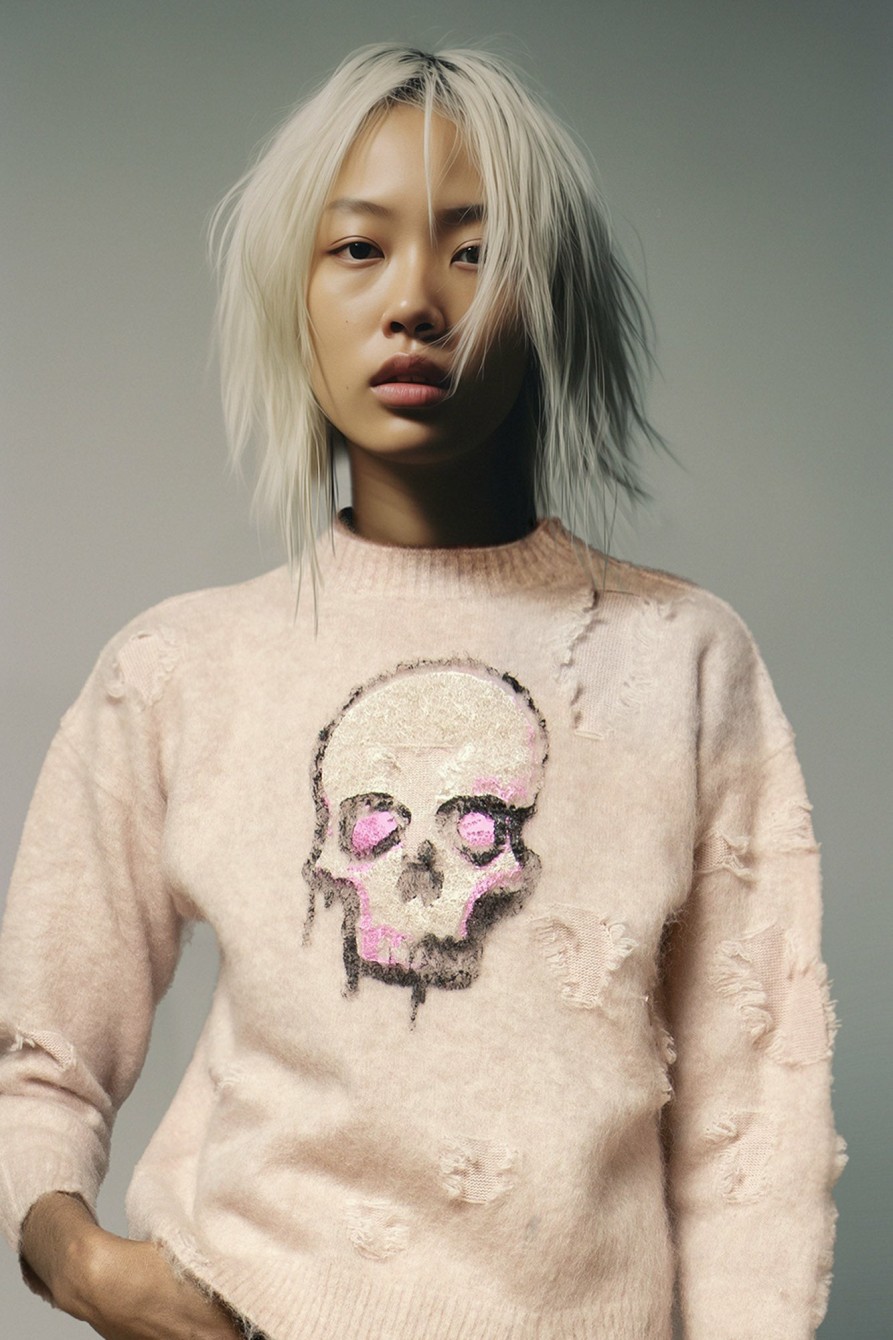 R13 Deconstructed Skull Sweater - Light Pink Sweaters