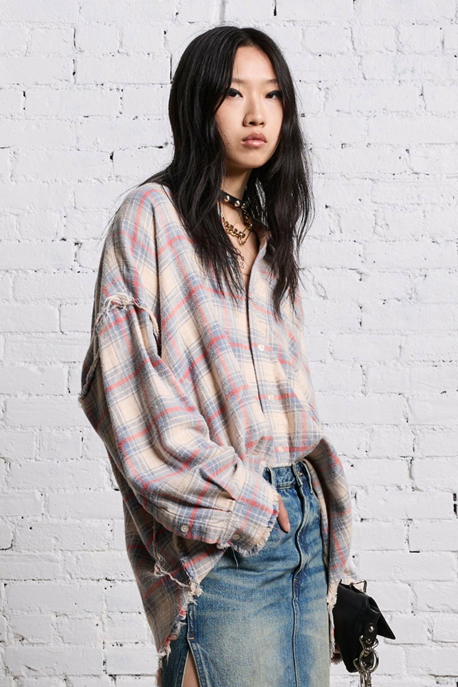 R13 Shredded Seam Drop Neck - Bleached Ecru Plaid Tops