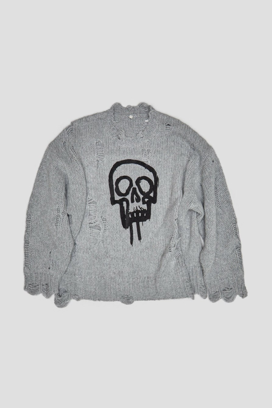 R13 Skull Drip Sweater - Heather Grey Sweaters