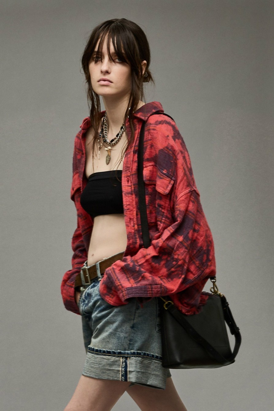 R13 Cropped Workshirt - Dusk Red Plaid Tops