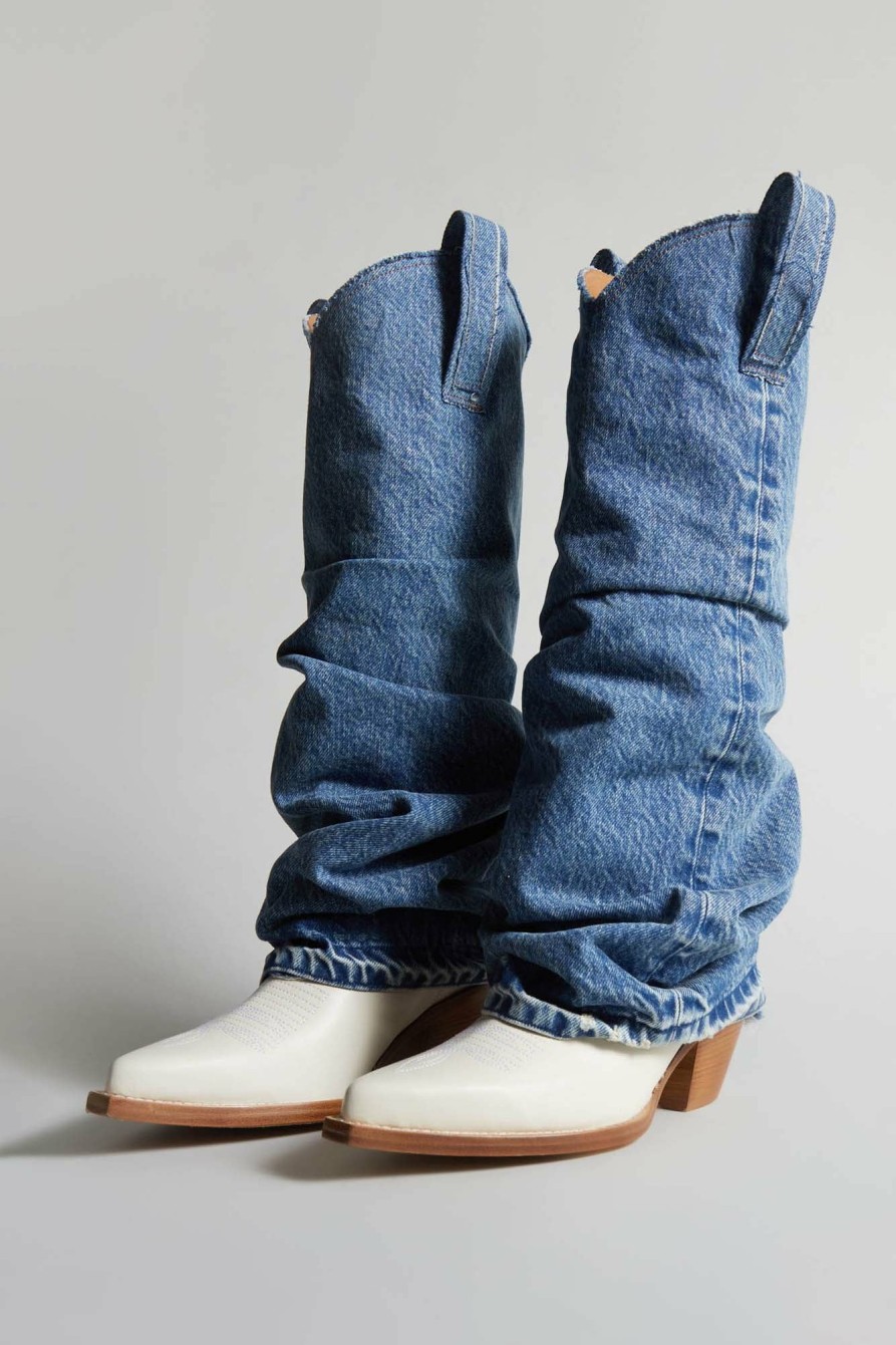 R13 Mid Cowboy Boots With Denim Sleeve - Blue And White Cowboys