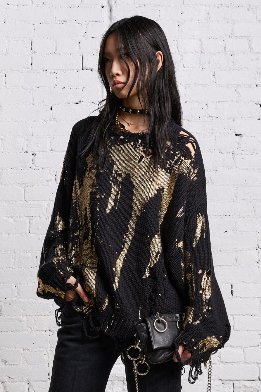 R13 Oversized Sweater - Gold Splattered Black Sweaters