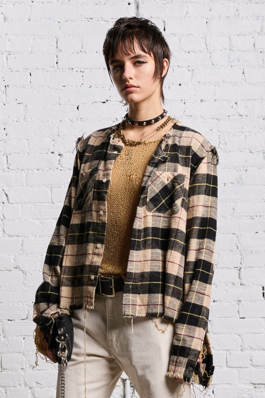 R13 Shredded Crewneck Shirt - Bleached Beige Plaid Tops