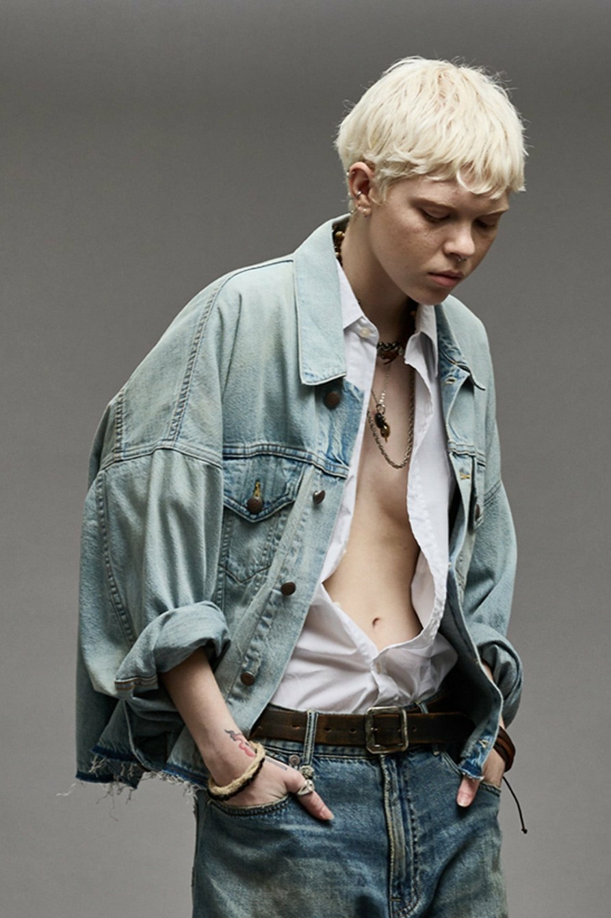 R13 Oversized Cut-Off Trucker Jacket - Lennon Blue Jackets & Coats