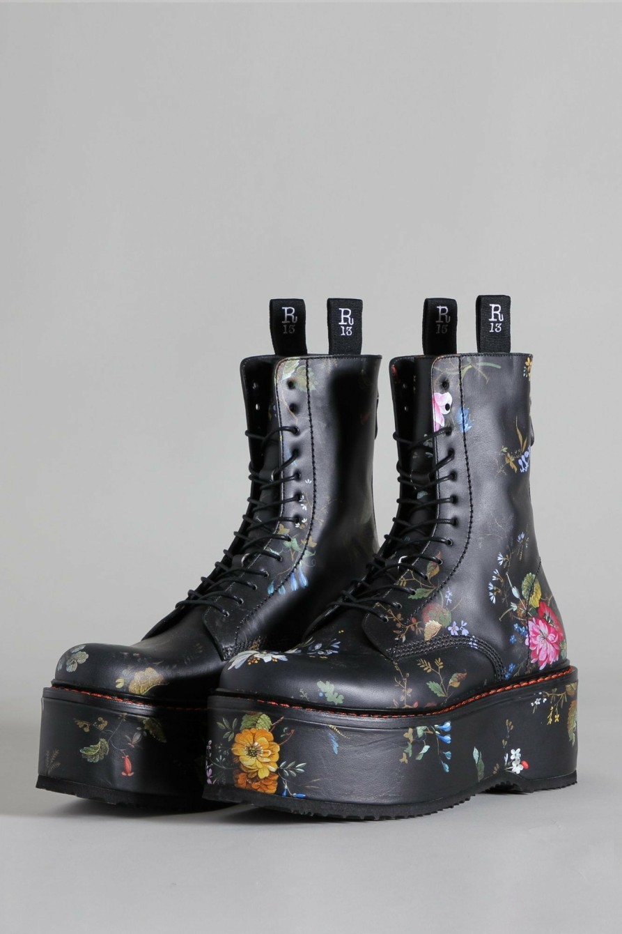 R13 Double Stack Boot - Black Floral Boots