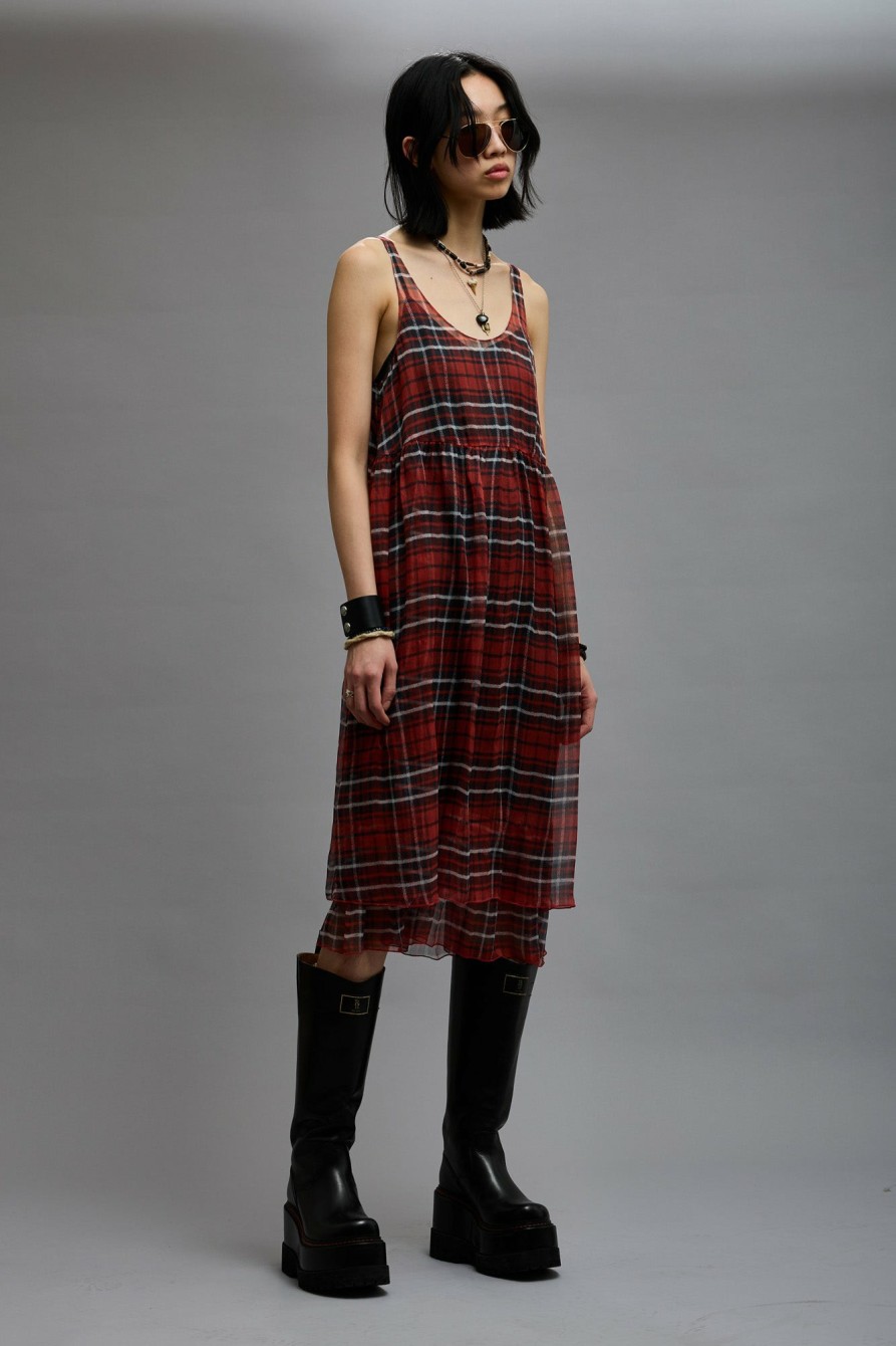 R13 Gathered Tank Dress - Red Plaid Chiffon Dresses & Skirts