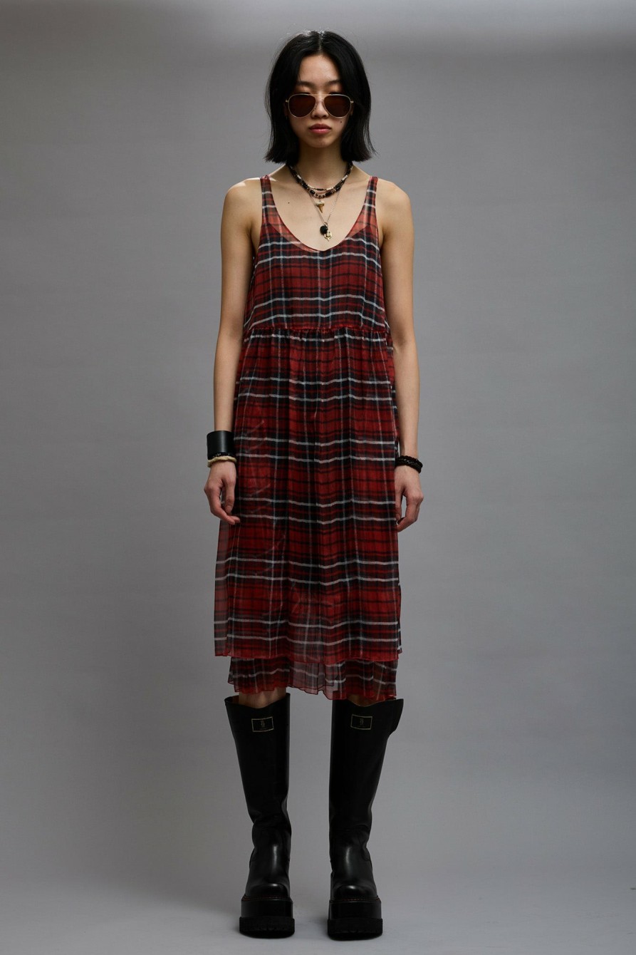 R13 Gathered Tank Dress - Red Plaid Chiffon Dresses & Skirts