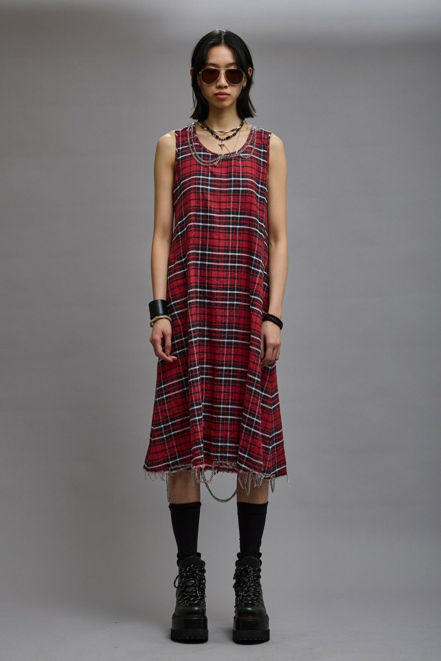 R13 Chain Embellished Midi - Red Plaid Dresses & Skirts