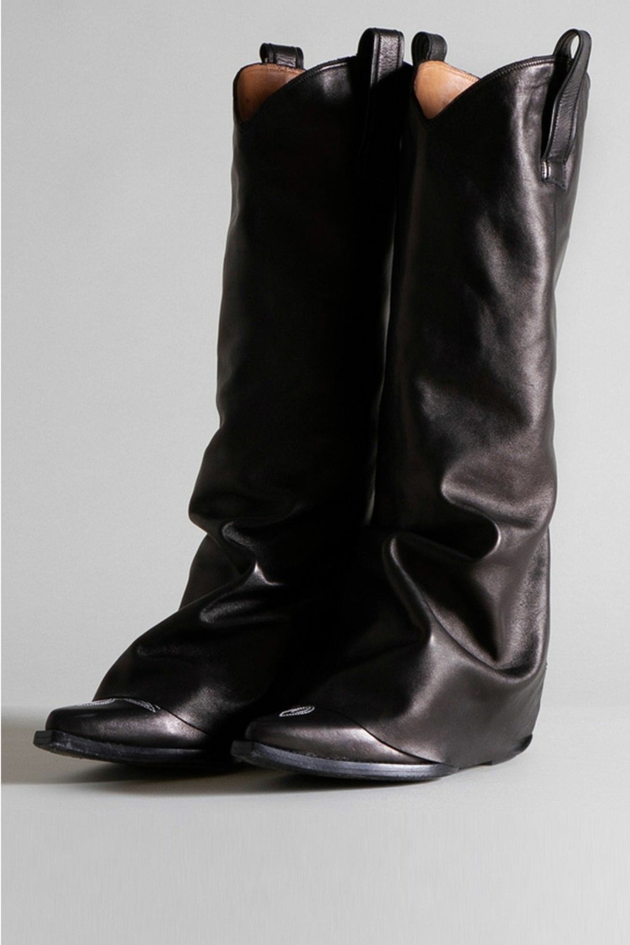 R13 Mid Cowboy Boots With Sleeve - Black Leather Cowboys