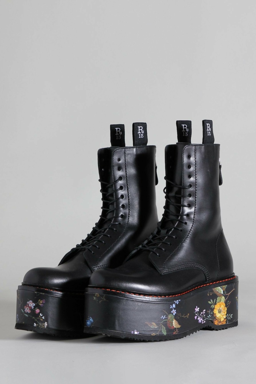 R13 Double Stack Boot - Black With Floral Platform Boots