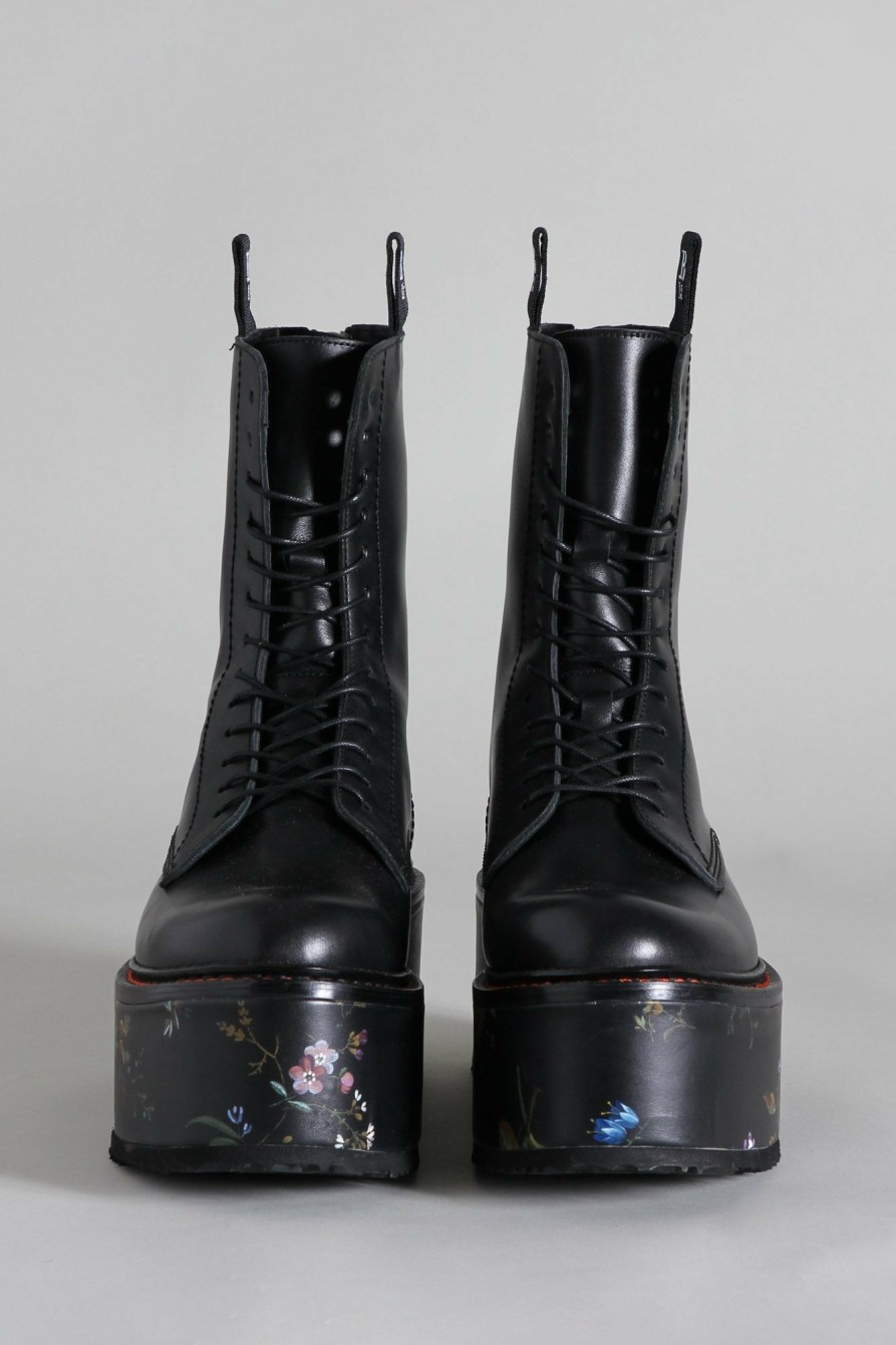 R13 Double Stack Boot - Black With Floral Platform Boots