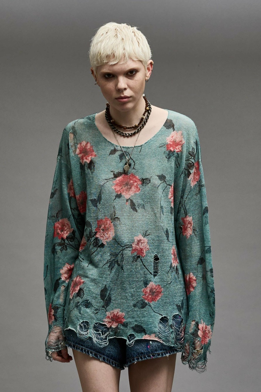 R13 Cast-Off Neck Boyfriend Sweater - Blue Floral Sweaters