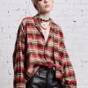 R13 Oversized Belt Collar Shirt - Bleached Red Plaid Tops