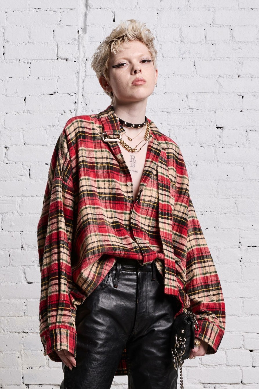 R13 Oversized Belt Collar Shirt - Bleached Red Plaid Tops