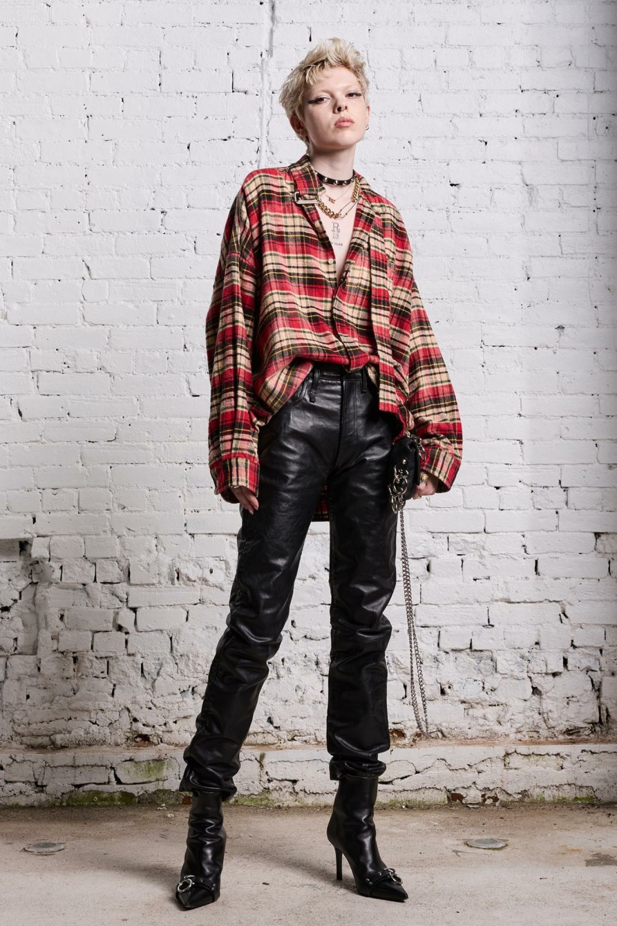 R13 Oversized Belt Collar Shirt - Bleached Red Plaid Tops